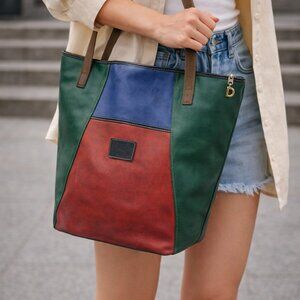 Vintage Patchwork Colorblock Tote Bag - Textured Faux Leather & Canvas